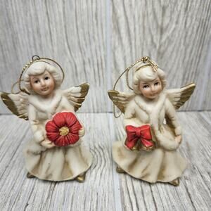 Vintage Homco Angel Christmas Ornaments Set of 2 Figurines Gold Wings Taiwan VTG
